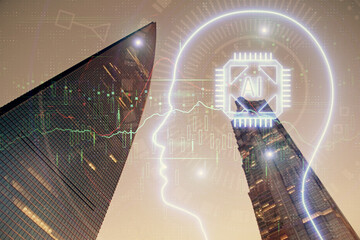 Brain hologram drawing on city scape background Double exposure. Brainstorming concept.