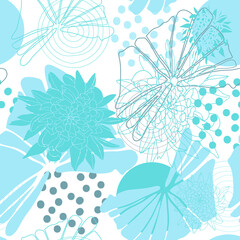 Floral botanical vector seamless pattern with hand drawn tropical  leaves, chrysanthem flowers and geometric shapes.  Wallpaper, wrapping paper, textile background in pastel colors.