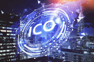 Fototapeta premium Multi exposure of cryptocurrency theme hologram drawing and city veiw background. Concept of blockchain and bitcoin.