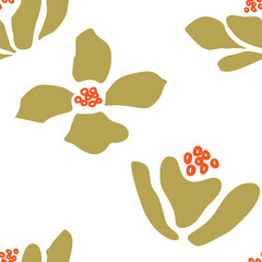 Stylized flowers hand drawn color vector seamless pattern. Abstract poppies or roses with leaves, sketch drawing. Scandinavian style cartoon floral texture. Wrapping paper, textile, background fill
