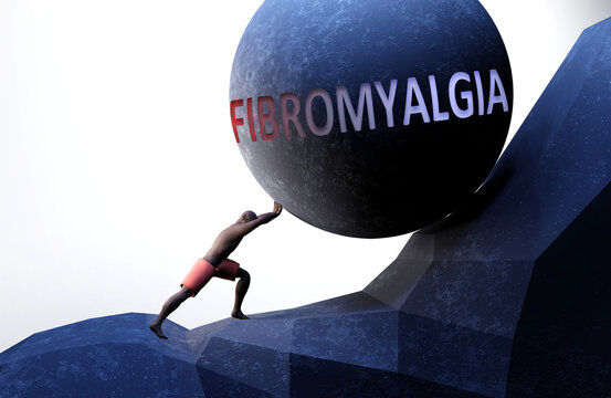 Fibromyalgia as a problem that makes life harder - symbolized by a person pushing weight with word Fibromyalgia to show that Fibromyalgia can be a burden that is hard to carry, 3d illustration