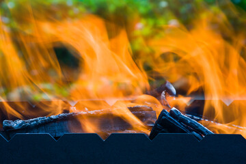 Flame. Firewood for barbecue is burning in the brazier