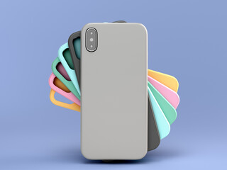 multicolored phone cases presentation for showcase 3d render on blue background