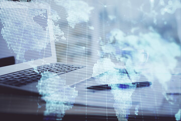 Obraz premium Double exposure of business theme icons and work space with computer background. Concept of success.