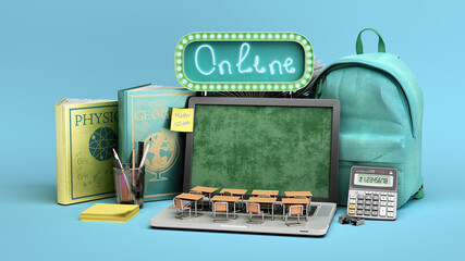 online education concept Blue backpack with school supplies and empty screen laptop 3d render on blue gradient