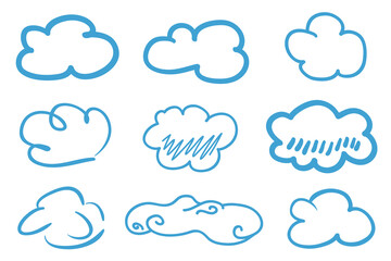 Colorful outlined cloud on isolated background. Sketchy doodles on white. Hand drawn clouds