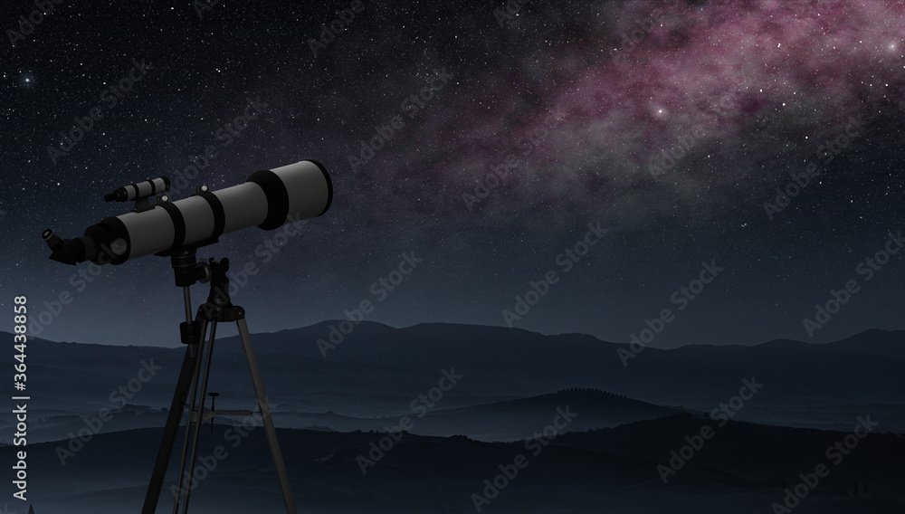 Wall mural telescope placed in a mountain site pointing at the milky way, concept of astronomical observation, 