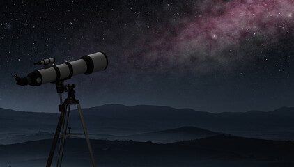 telescope placed in a mountain site pointing at the milky way, concept of astronomical observation, hobby and space science
