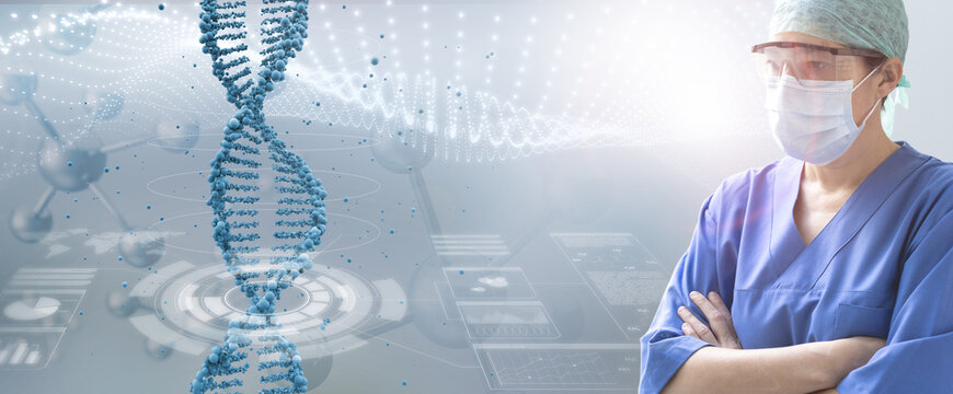 serious female doctor examining a dna helix hologram in abstract background, genetic disease care concept