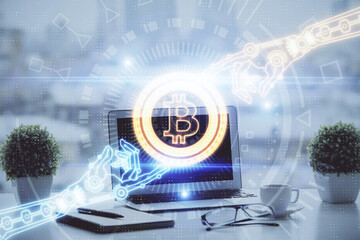 Double exposure of blockchain and crypto economy theme hologram and table with computer background....
