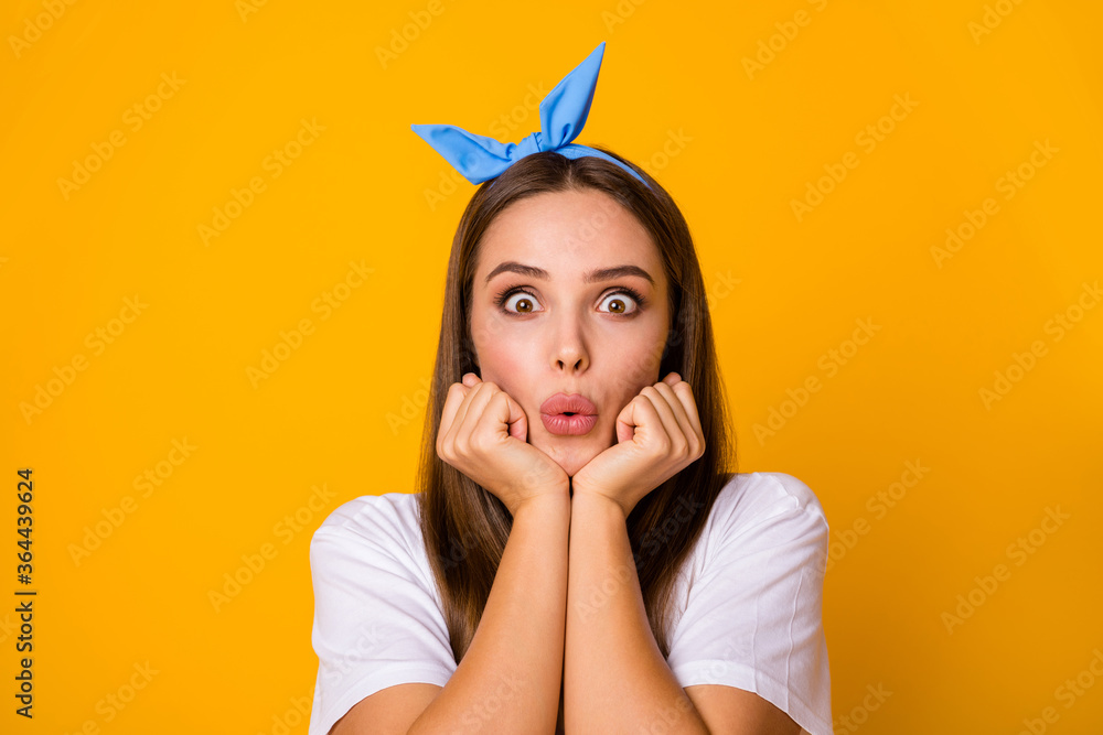 Poster Close up photo of astonished curious girl look good incredible rumor gossip secret impressed touch fists cheeks wear modern clothes isolated over vibrant color background