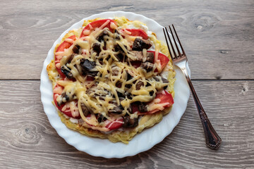Fresh cheese pizza with mushrooms on the table, Italian traditional appetizer.
