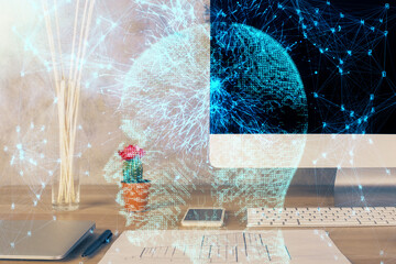 Double exposure of desktop computer and human brain drawing hologram. Ai concept.