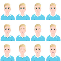 Men with different facial expressions. Man emotion set. Isolated vector illustration set.