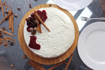 Tasty Merry christmas homemade carrot cake with cream. Happy Marry Christmas.