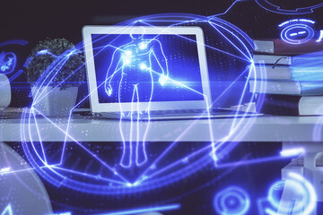 Desktop computer background and education theme drawing. Double exposure. Study concept.
