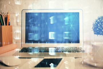 Fototapeta premium Double exposure of desktop with personal computer on background and tech theme drawing. Concept of Bigdata.