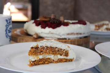 A slice of gourmet carrot cake. Happy Marry Christmas.