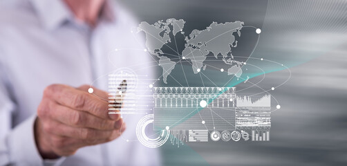 Man touching a global business digital interface concept