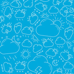 Obraz premium Weather - Vector background (seamless pattern) of snow, storm, rain, cloud, sunny, wind and moon for graphic design
