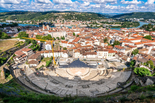 Cityscape of Vienne with the old city and aerial view of the ancient Gallo-Roman theatre in Isere France