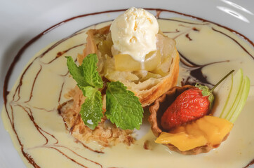 French cuisine Fruit pie Topping with vanilla ice cream Dessert in the Mediterranean food style