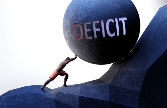 Deficit as a problem that makes life harder - symbolized by a person pushing weight with word Deficit to show that Deficit can be a burden that is hard to carry, 3d illustration