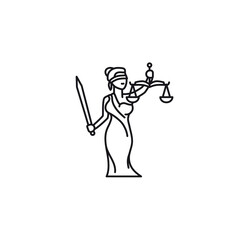 Lady Justice or Themis Femida cartoon vector line icon. Law and legal services outline symbol.
