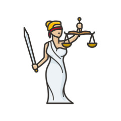 Lady Justice or Themis Femida, blindfolded with beam balance and sword, isolated cartoon character vector illustration for World Day For International Justice on July 17. Legal services and law symbol