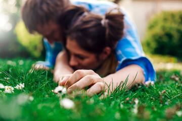 Couple love. Couple in love. Grass background. Life. Forever. 
