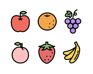 フルーツのシンプルなアイコンのセット／果物／フラット／かわいい