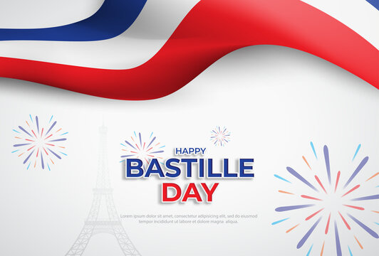 French Independence Day celebration card with a French national flag against a white background Horizontal banners in red, white, blue.