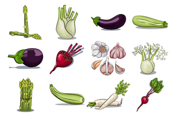 Hand drawn vegetables vector cartoon set isolated on a white background.