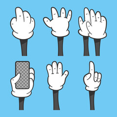 Fototapeta premium Cartoon hands in gloves with different gestures vector set isolated on background.