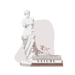 Statue of a woman along some poetry books and dry flowers.