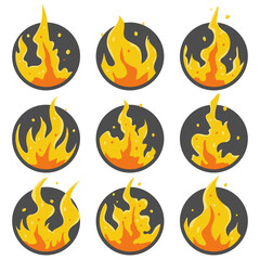 Fire flame vector cartoon icons set isolated on a white background.