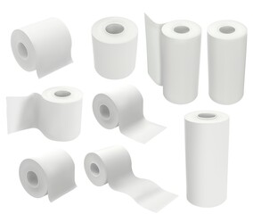 Toilet paper roll isolated on white background. Mock up package vector illustration in 3d realistic style. Set of hygienic tissues and kitchen towels