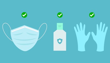 Hand drawn illustration set of medical face mask, sanitizer and gloves, clean and hygiene, safety and protection against corona virus