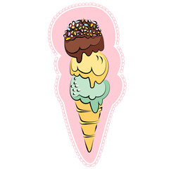 This is a retro image of ice cream in a comic style. This is a waffle cone with pistachio, banana and chocolate balls of ice cream with pastry topping.