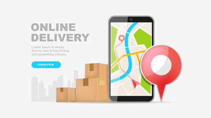 Online delivery service concept. For use in a landing page, company presentation, banner, poster, flyer.  Vector graphic.