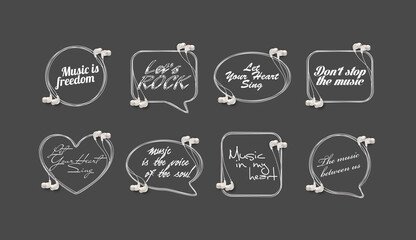 Innovative music quotation template speech bubble set in headphones quotes isolated on backdrop. Creative banner illustration set with quote frame wire with quotes headset modern design cloud remark