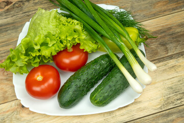beautiful fresh, juicy vegetables on a white plate: fresh peppers, tomatoes, cucumbers, lettuce, dill, green onion
