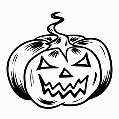 Halloween pumpkin. Hand drawn doodle symbol of All Saints Day. A large pumpkin with a tail and cut eyes and a grin of mouth. Stock vector black outline illustration isolated on white background.