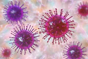 Obraz premium SARS-CoV-2 viruses, the causative agent of COVID-19
