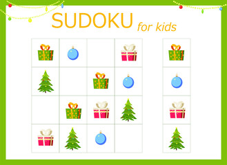 Sudoku for kids. Sudoku with a Christmas tree, gifts, toys, balls and flashlights.. Children's puzzles. Educational game for children. 