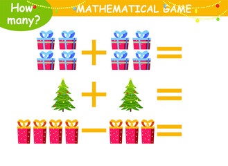 mathematical examples for children for addition and subtraction with a Christmas tree, gifts, balls and flashlights