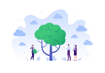 Psychology, emotion and psychotherapy concept. Vector flat person illustration. Mental health treatment session metaphore. Woman psychologist with watering can water brain tree. Design for banner, web