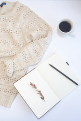 warm knitted wool sweater winter mockup objects notepad