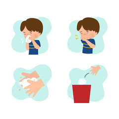 Boy showing cough and sneeze etiquette in public place. Illustration tips for corona virus prevention. Flat style vector cartoon isolated on white.