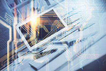 Multi exposure of table with computer and world map hologram. International data network concept.